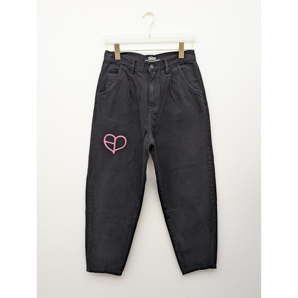 Black Jeans Pink Heart size 6 short wide barrel leg Upcycled painted kpop style